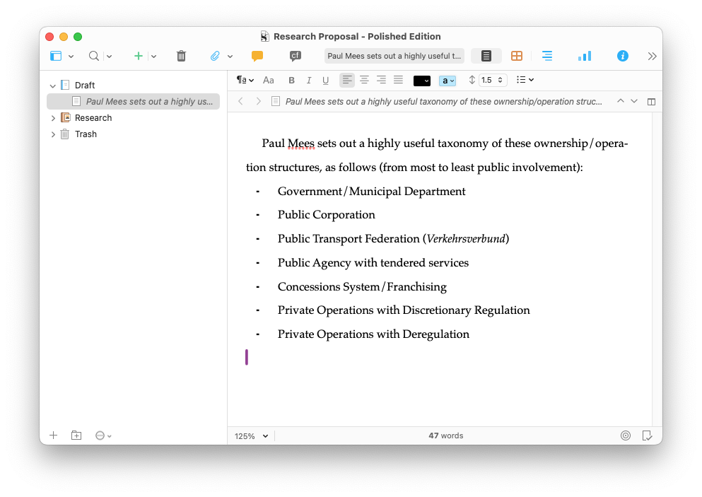 An example sentence in Scrivener