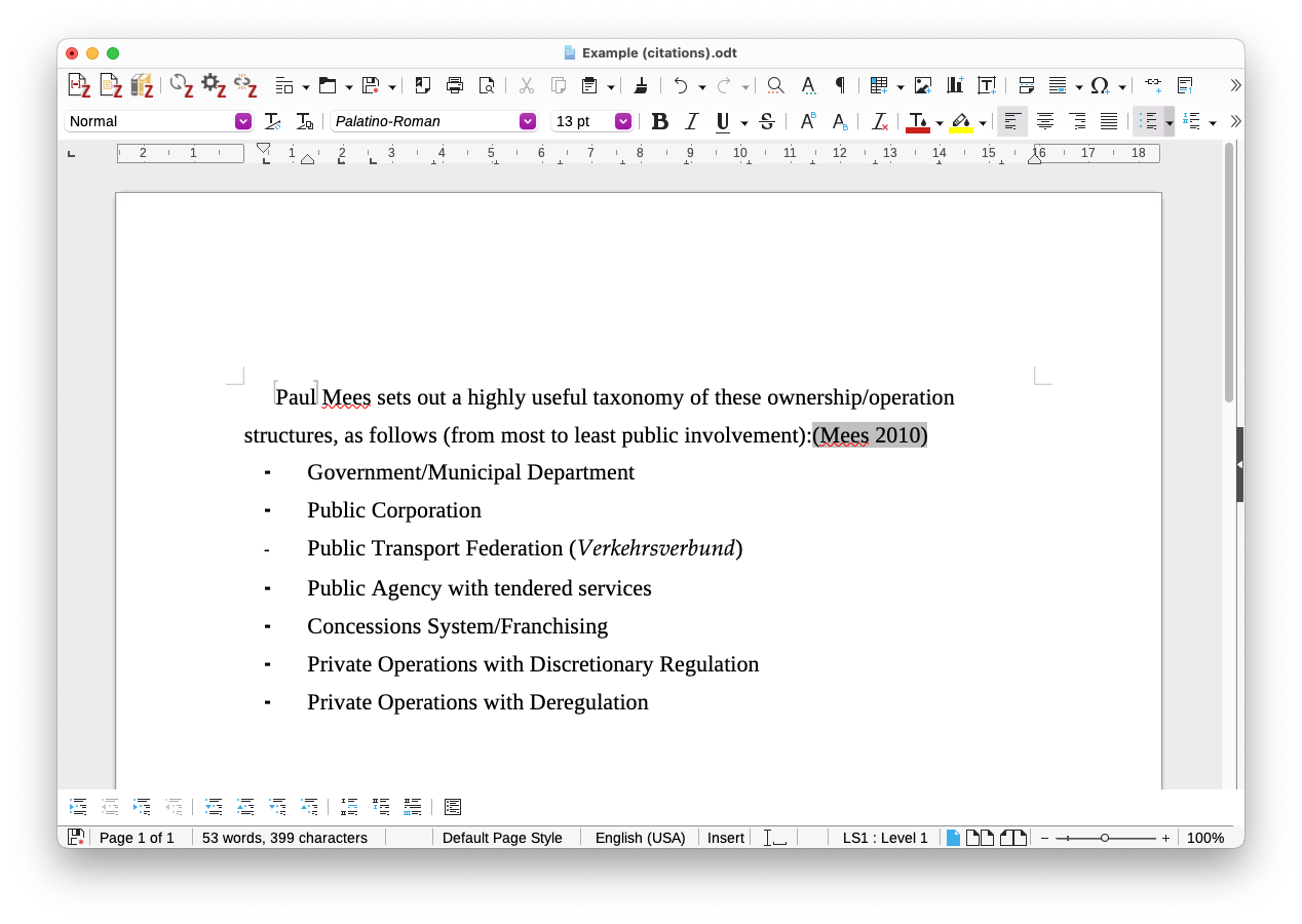 Example showing the export in LibreOffice with linked citations.
