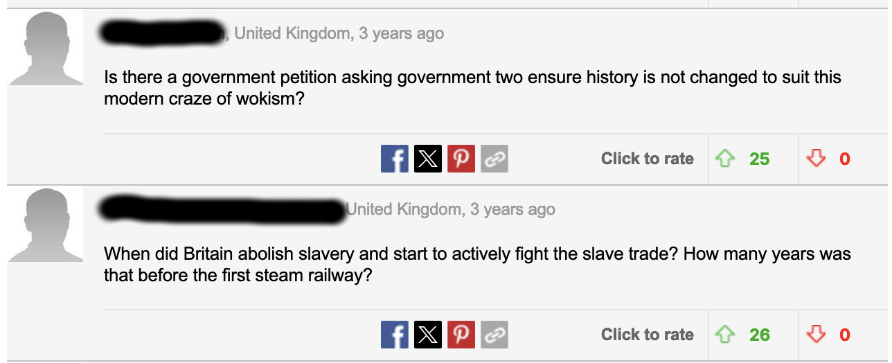 A screenshot of a series of comments discussing the NRM's new research project into slavery on the railway.