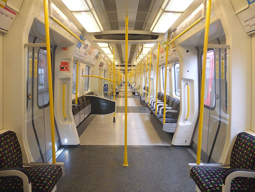 An interior photograph of an S Stock train showing the slight ramp down to the door tread plate