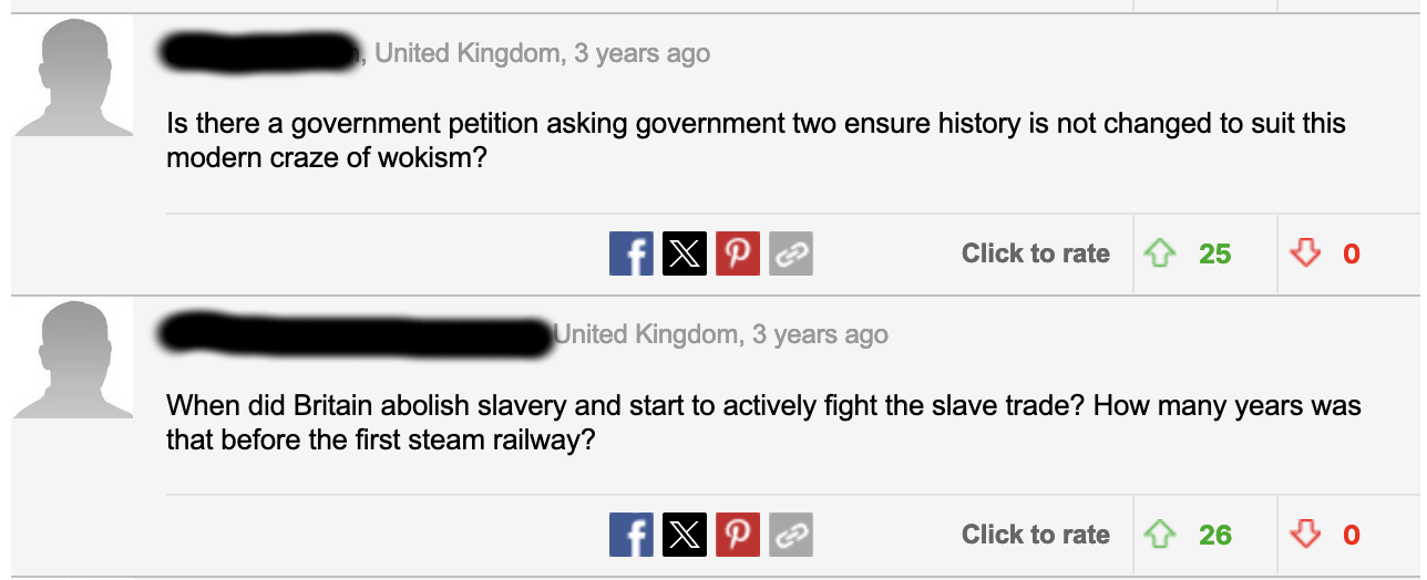 A screenshot of a series of comments (nevatively) discussing the NRM's new research project into slavery on the railway.