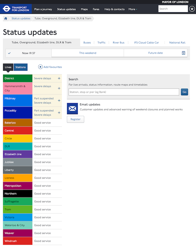 TfL Status Page screenshot.